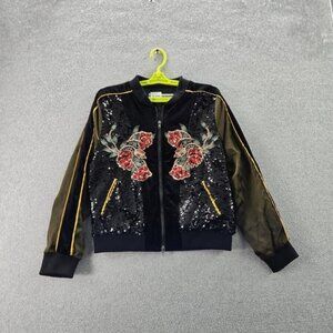Rodeo Quincy Women Jacket M Black Floral Embroidery Shyan Bomber Sequin